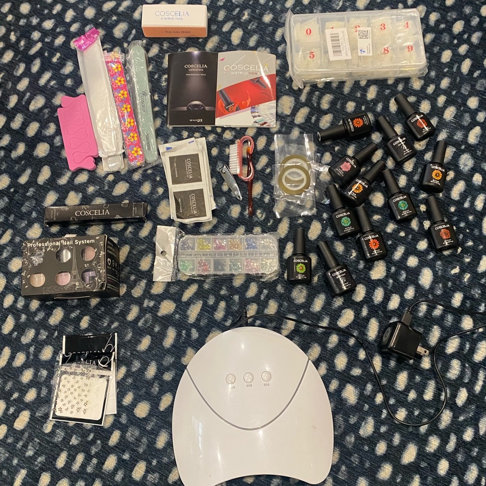 Huge bundle of gel and dip nail Polish, tools, stickers gems tips & curing light